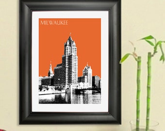 May include: A black and white illustration of the Milwaukee skyline with the text "MILWAUKEE" at the top. The illustration is on an orange background and is framed in a black frame.