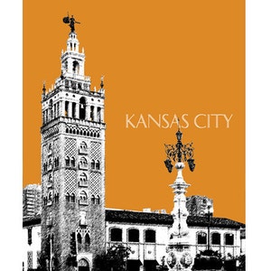 May include: A black and white illustration of a tall building with a clock tower and a street lamp in front of it. The background is a solid orange color. The text "KANSAS CITY" is printed in white at the top of the image.