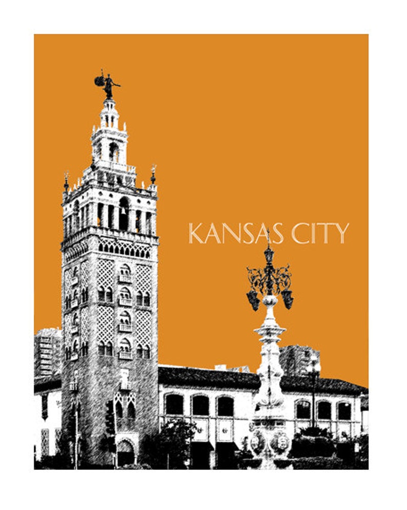 May include: A black and white illustration of a tall building with a clock tower and a street lamp in front of it. The background is a solid orange color. The text "KANSAS CITY" is printed in white at the top of the image.