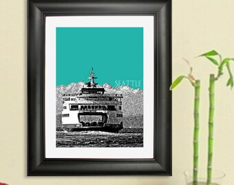 May include: A black and white illustration of a ferry boat on a turquoise background with the word "SEATTLE" printed in white.