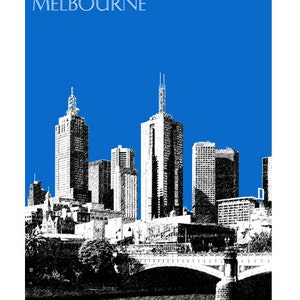 May include: A black and white sketch of the Melbourne skyline with a blue background. The skyline features several tall buildings, including the Eureka Tower, and a bridge over a river.