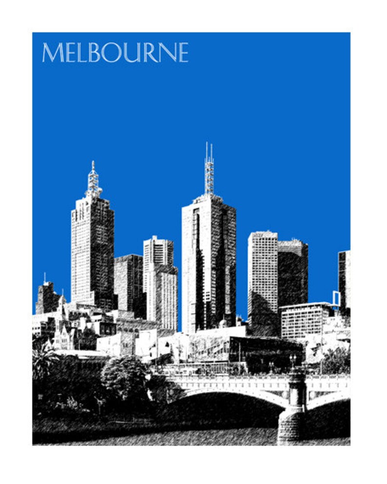 May include: A black and white sketch of the Melbourne skyline with a blue background. The skyline features several tall buildings, including the Eureka Tower, and a bridge over a river.