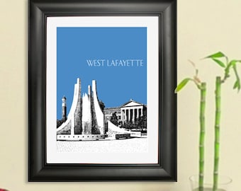 May include: A black framed print with a blue background and a black and white illustration of a building with the text "WEST LAFAYETTE" above it.