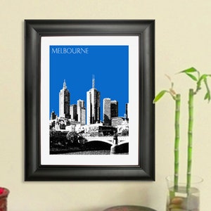 May include: A black and white illustration of the Melbourne skyline against a bright blue background. The text "MELBOURNE" is at the top of the image.
