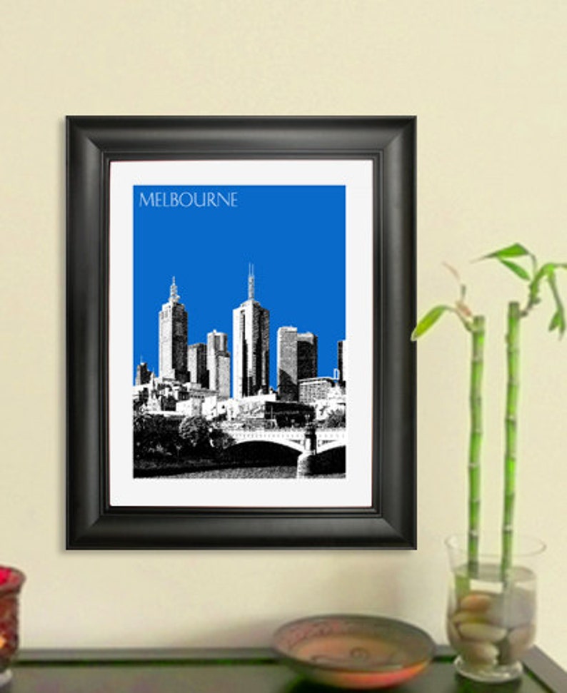 May include: A black and white illustration of the Melbourne skyline against a bright blue background. The text "MELBOURNE" is at the top of the image.