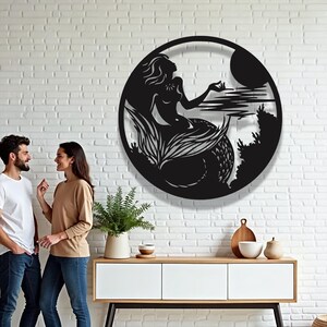 マーメイドメタルウォールアート – 海岸の海の風景のシルエット