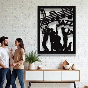 ジャズバンド装飾メタルウォールアート、レーザーカットミュージシャンシルエットデザイン、エレガントなミュージカルウォールアクセント、バーやジャズ愛好家へのギフトアイデア