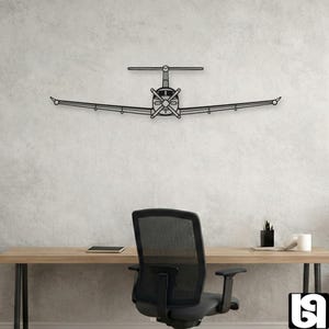 Könnte beinhalten: Ein Wandkunstobjekt aus schwarzem Metall in Form der Vorderansicht eines einmotorigen Propellerflugzeugs. Das Design zeigt einen zentralen Rumpf mit Propeller, zwei weit nach außen reichende Flügel und ein Höhenleitwerk an der Oberseite.