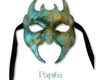 Handmade Paper Mache Devil Mask – Carnival Mask, Cosplay or Wall Decoration – Green Gold
