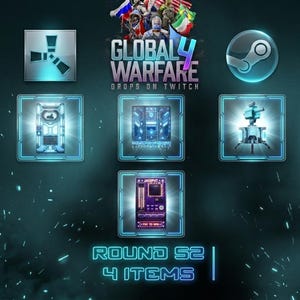 Może przedstawiać: Cyfrowa grafika do Global Warfare 4 z tekstem Drops on Twitch, Round S2 oraz 4 Items. Zawiera pięć ikon, w tym logo Rust, logo Steam, futurystyczne drzwi, niebieską strukturę, wieżyczkę oraz fioletowy automat do gry Jackpot.