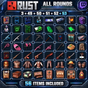 May include: A digital grid display titled RUST ALL ROUNDS featuring 56 distinct game items including various weapons, armor pieces, storage containers, and decorative objects arranged in rows and columns with a blue glowing border.