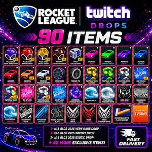 May include: A digital promotional graphic for Rocket League Twitch Drops featuring 90 items, including various car bodies, decals, wheels, and player banners. The image displays a grid of icons with text labels, a purple and black background, and a fast delivery icon.
