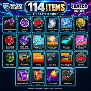 May include: A digital graphic displaying 114 Rocket League Twitch Drops items organized in a grid. The image features various game assets including cars, decals, goal explosions, and loot boxes labeled with quantities and names like Neural Network, Nemesis, and Big Splash.
