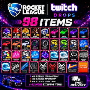 May include: A digital promotional graphic for Rocket League Twitch Drops featuring 98 items, including various car bodies, decals, wheels, and player banners. The image displays a grid of icons with text labels, a car illustration, and delivery information.