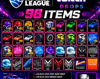 May include: A digital promotional graphic for Rocket League Twitch Drops featuring 98 items, including various car bodies, decals, wheels, and player banners. The image displays a grid of icons with text labels, a car illustration, and delivery information.