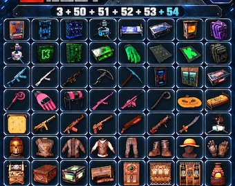 May include: A digital grid display titled RUST ALL ROUNDS featuring 58 game items including various weapons, armor pieces, storage containers, furniture, and tools. The collection showcases diverse textures and colors, such as neon green, pink, and metallic brown, organized within a dark blue framed interface with a Twitch logo.