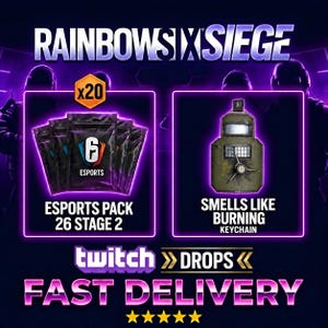 Op de afbeelding: Een Rainbow Six Siege promotieafbeelding met 20 Esports Pack 26 Stage 2 items en een Smells Like Burning sleutelhanger. De afbeelding bevat het Twitch Drops logo, de tekst Fast Delivery en vijf gele sterren tegen een paarse achtergrond.