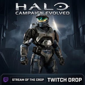 May include: A metallic armoured figure stands centred beneath the text HALO CAMPAIGN EVOLVED. The figure wears a dark grey and blue suit with a reflective gold visor. Below, a dark banner displays the text STREAM OF THE CROP TWITCH DROP.