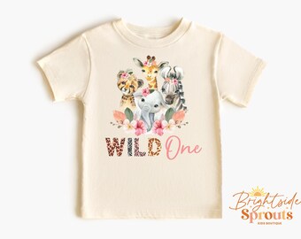 Wild One First Birthday Shirt, Personalized Girls Birthday T Shirt, Baby Girl Birthday Top, Safari Party Tee Zoo Animals 1st Birthday Outfit