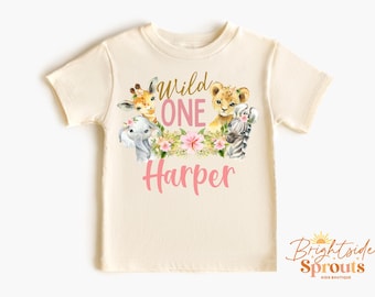 Wild One First Birthday Shirt, Personalized Girls Birthday T Shirt, Baby Girl Birthday Top, Safari Party Tee Zoo Animals 1st Birthday Outfit