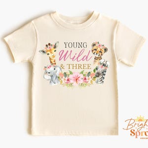 Young Wild & Three Birthday Shirt, Girls Birthday TShirt, Toddler Girl Birthday Top, Safari Party Tee, Zoo Animals 3rd Birthday Outfit Pink
