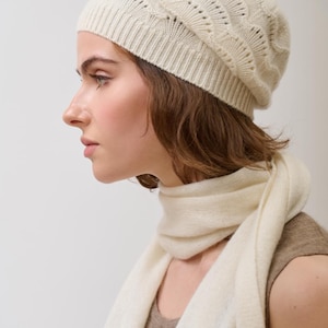 Lace Knit Cashmere Beanie, 100% Organic Mongolian Cashmere Hat in Milky White, Soft & Lightweight, Undyed, Elegant Feminine Winter Gift