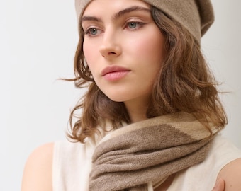Cashmere Beanie Hat - Taupe&Sand, Reversible Knit Hat, Unisex sustainable Mongolian Wool, Soft winter gift for Him or for Her