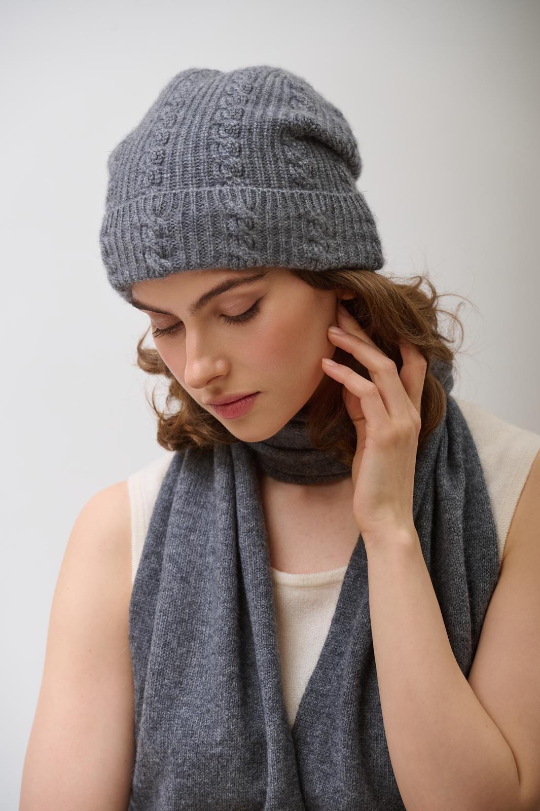 ⚡Women Grey 100% Pure Mongolian Cashmere Knit Hat Ultra Soft Winter Beanie Oliver Cashmere Hat - Medium Grey | MaisonCashmere main image 2