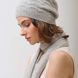 Mongolian Cashmere Beanie Hat Women, 100% Cashmere Knit Hat Light Grey, Soft Slouchy Winter Hat, Organic Cashmere, Luxury Gift for Her