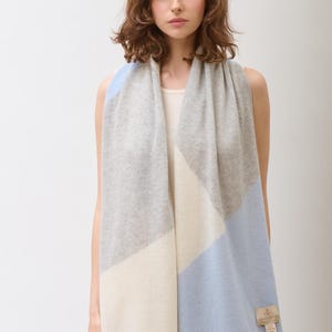 100% Mongolian Cashmere Scarf, Color Block Soft Scarf, Light Blue White Grey Wrap, Luxury Winter Scarf, Warm Gift for Her, Cashmere Shawl