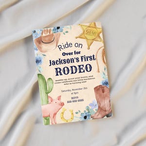 Primer rodeo para bebé niño / Invitación editable para primer cumpleaños de vaquero / Plantilla de invitación de Canva / Invitación de cumpleaños del Viejo Oeste / Descarga digital