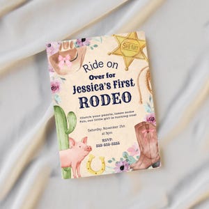 Primer rodeo de niña / Invitación editable para primer cumpleaños de vaquera / Plantilla de invitación de Canva / Invitación de cumpleaños del Viejo Oeste / Descarga digital