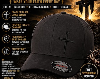 Christian Hat For Men And Women, Embroidered Cross Design - Black Flex Fit Fitted Hat | Free Christian Cross Decal