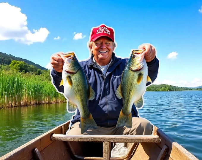 Trump Bass Fishing Funny Sticker! Waterproof! Made in the USA! Trump holding Ba
