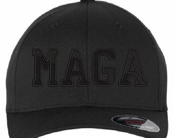 Make America Great Again MAGA Flex fit or Adjustable Blackout Hat w/ Black Flag