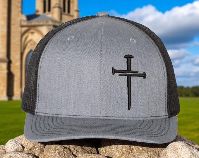 Christian Men's Hat - Jesus 3 Nails Hat 112 Heather/Black Mesh Back Hat