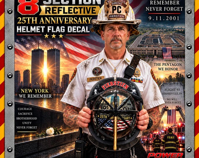 25th Anniversary 9/11 Firefighter Helmet Decal, 8 Section Reflective American Flag Helmet Sticker, September 11 Memorial Decal