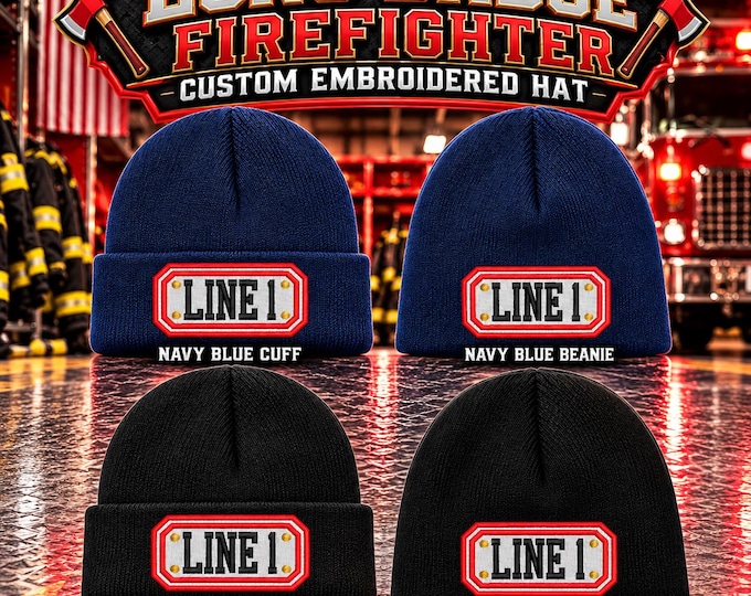 Custom Firefighter Winter Hat, LONG BADGE STYLE Personalized Embroidered Fire Department Beanie or Cuff Fire Department Hat