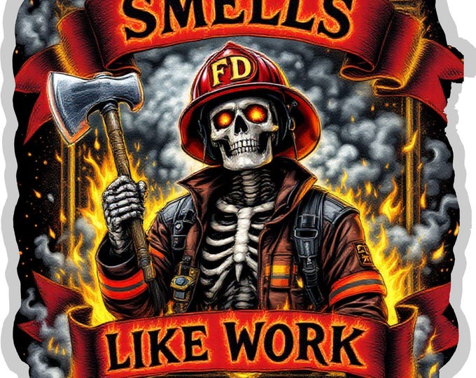 Firefighter Decal Sticker Skeleton Firefighter Smells Like Work Sticker, firefighter, bunker gear, fireman, fire department, smoke, skeleton