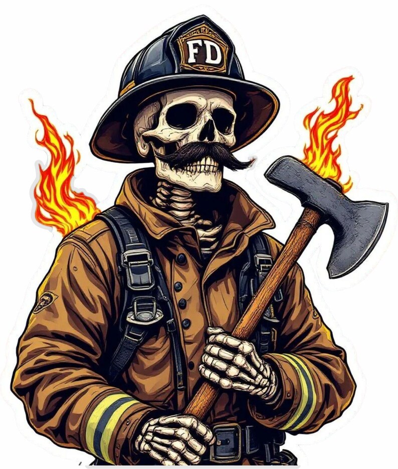 Skeleton Fireman Wit Roses Skeleton Firefighter Sticker, Firefighter, Bunker Gear, Fireman, Ax ...