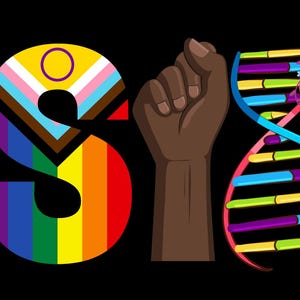 May include: The word "RESIST" is spelled out in colorful, symbolic imagery against a black background. The letters are formed by a globe, books, a rainbow, a raised fist, a DNA strand, and a stylized uterus, conveying themes of activism and social justice.