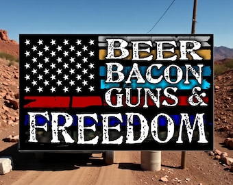 Thin Blue Line Beer Bacon Guns and Freedom Decal - Flag Style Window or Helmet Sticker