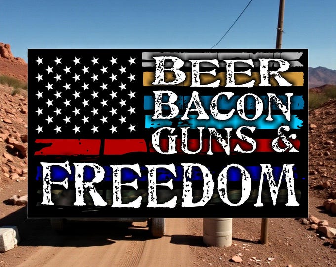 Thin Blue Line Beer Bacon Guns and Freedom Decal - Flag Style Window or Helmet Sticker