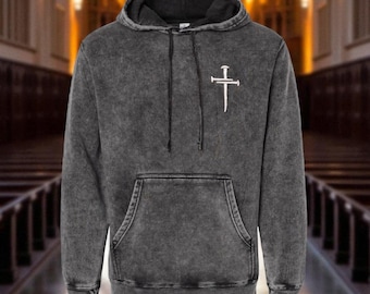 Christian Hoodie 3 Nail Cross Unisex Midweight Mineral Wash Long Sleeve Pullover Bible Scripture