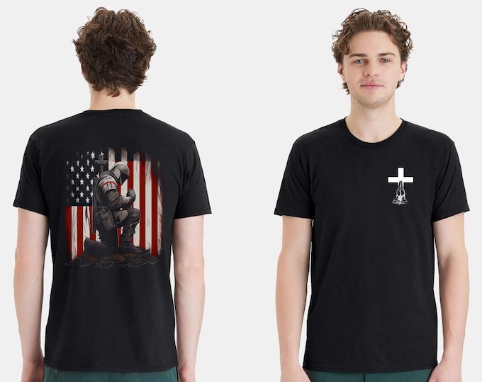 Christian Mens T-shirt Kneeling at the Cross USA Flag Short Sleeve Jesus Shirt