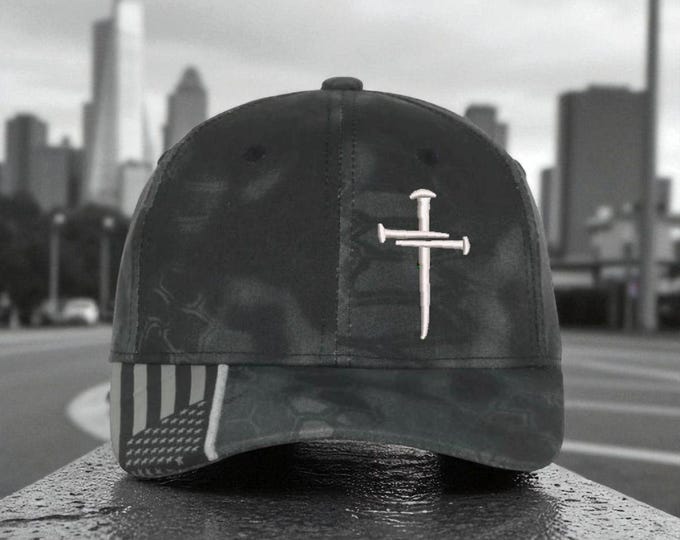 Christian Cross SILVER Sacred Nails Kryptek Typhoon Adjustable hat with FREE CHALLENGE coin