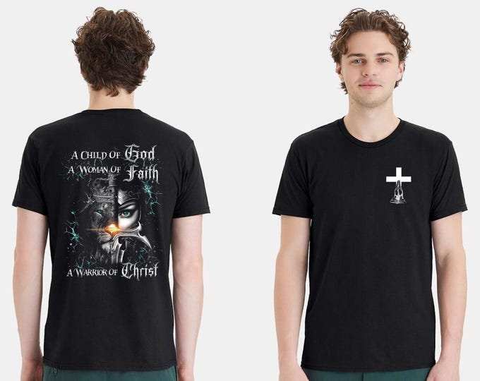 Christian Mens T-shirt "Child of God Woman of Strength" Black Short Sleeve Shirt