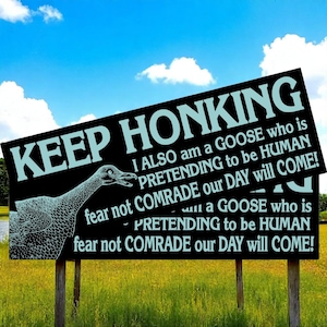 May include: A black sign with the words "KEEP HONKING" in light blue. Below the text is a drawing of a goose and the text "I ALSO am a GOOSE who is PRETENDING to be HUMAN fear not COMRADE our DAY will COME!"