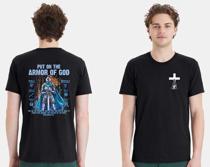 Christian Mens T-shirt "Put on the Full Armor Blue" Black Short Sleeve Shirt