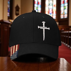 Christian Cross Baseball Cap, American Flag Brim, Free Decal